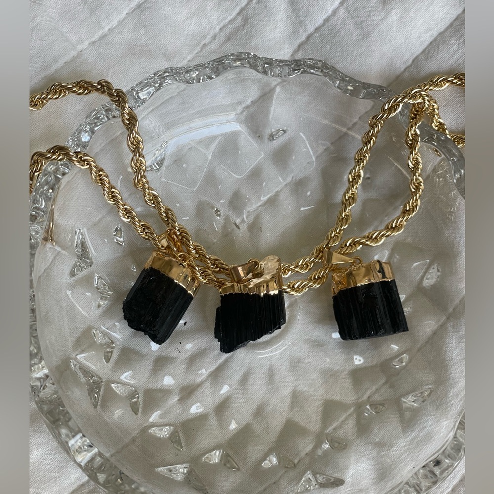 18k Gold dipped Black Tourmaline Crystal Pendant